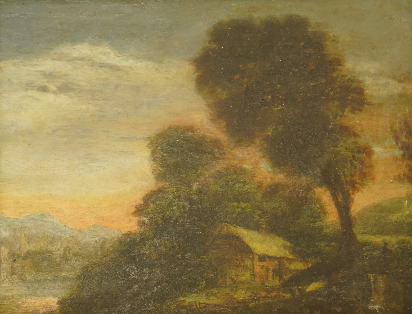 19th century, English School, Landscape with thatched cottage and mountains beyond, unsigned, oil on copper panel, 16 x 19cm, gilt frame